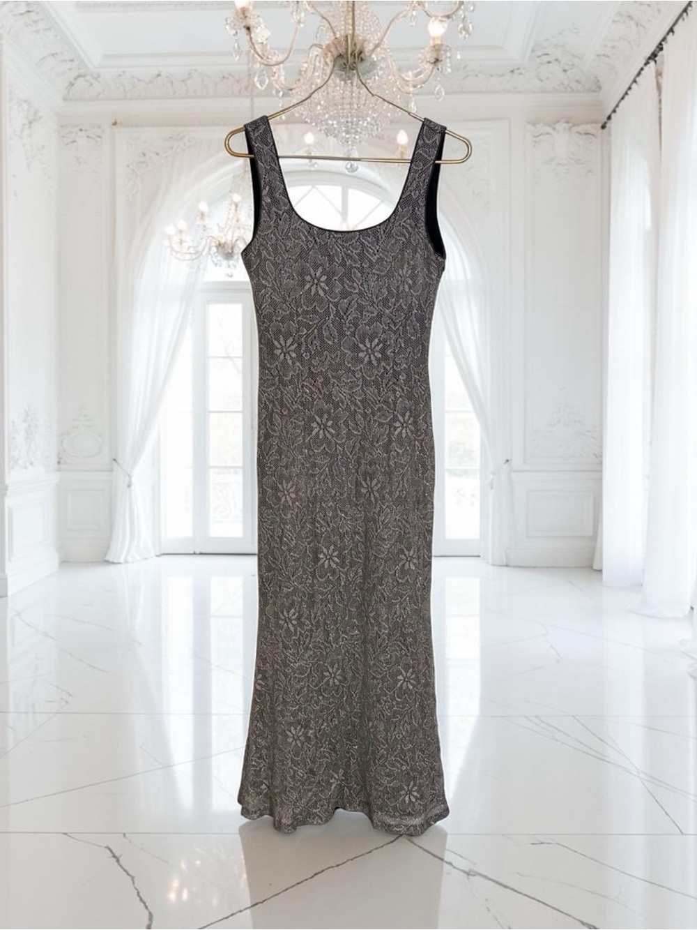 Vtg 90s Mr K Silver Floral Dress Lace Overlay Maxi Slip Elegant Formal sz 10 Med